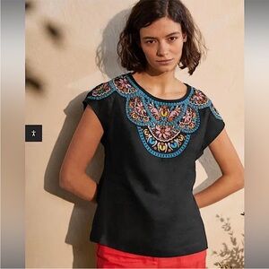 Boden Linen Black Blouse with Blue and Pink Embroidery US 20/22 NWT